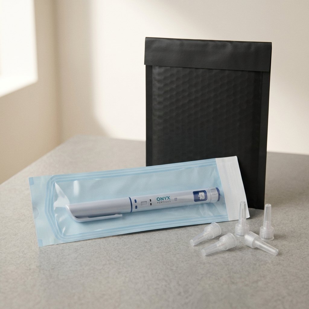 Onyx Peptides pre-filled pen sealed in a self-sealing sterilisation pouch with needle tips