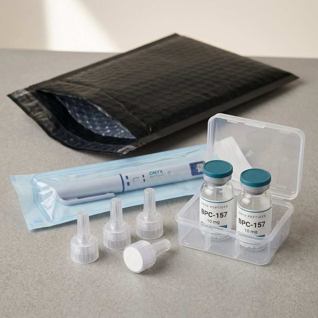What arrives from Onyx Peptides: a plain black padded envelope, a pen sealed in a sterilisation pouch, loose needle tips and vials in a clear tray