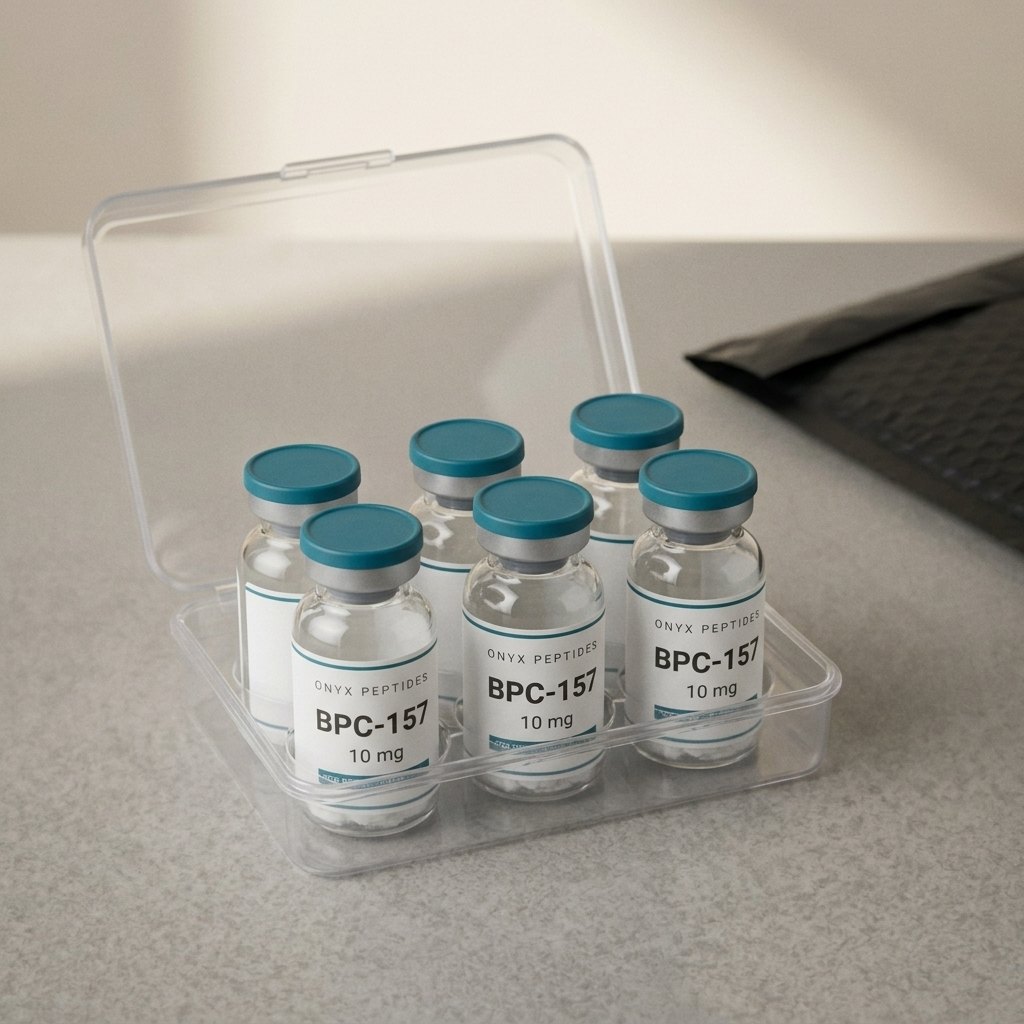 Onyx Peptides vials packed in a clear protective vial tray