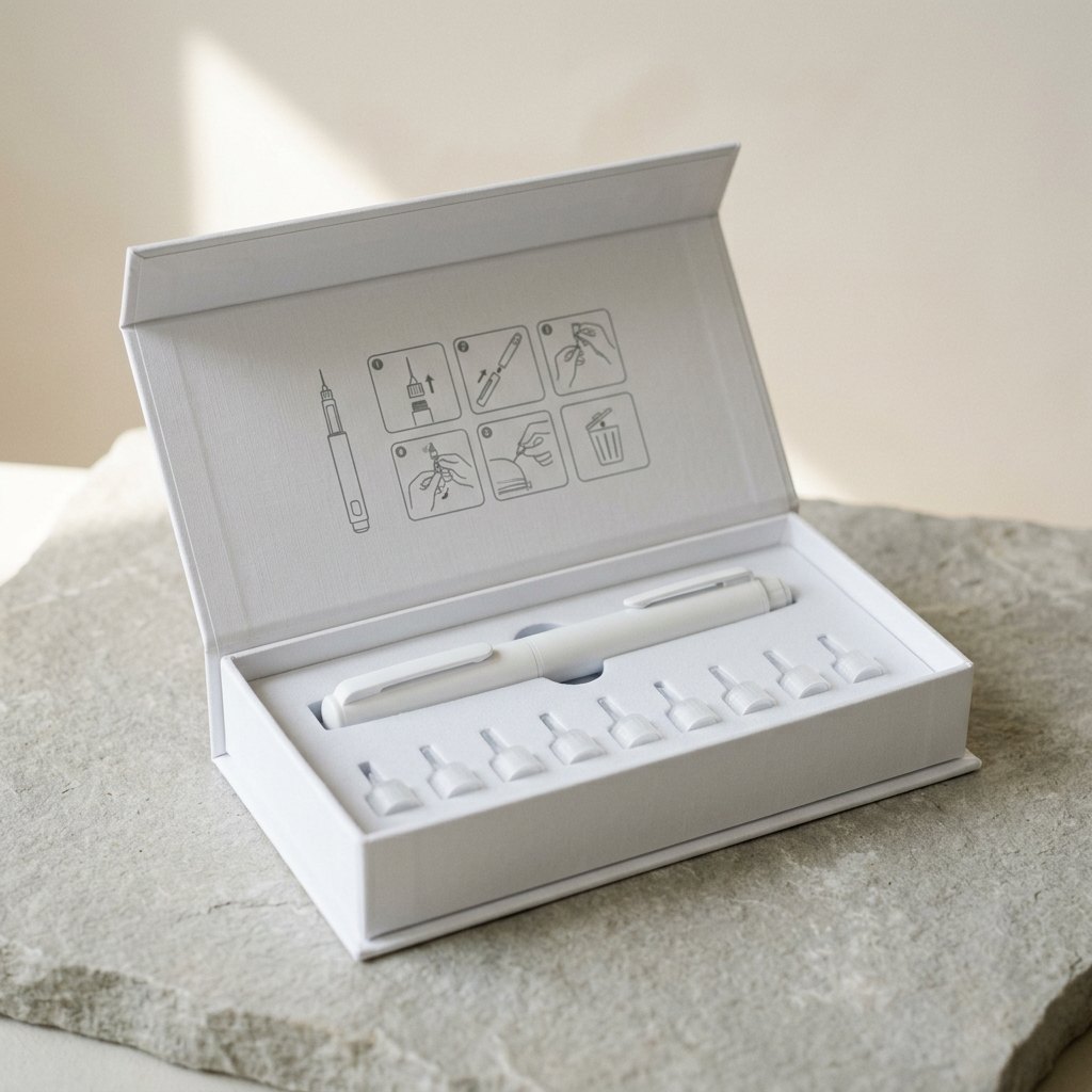 A typical magnetic presentation box: white card, a foam insert and printed instruction pictures